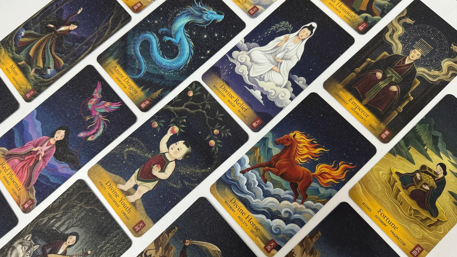 The printed Purple Star Astrology Oracle deck, cards spread on a table